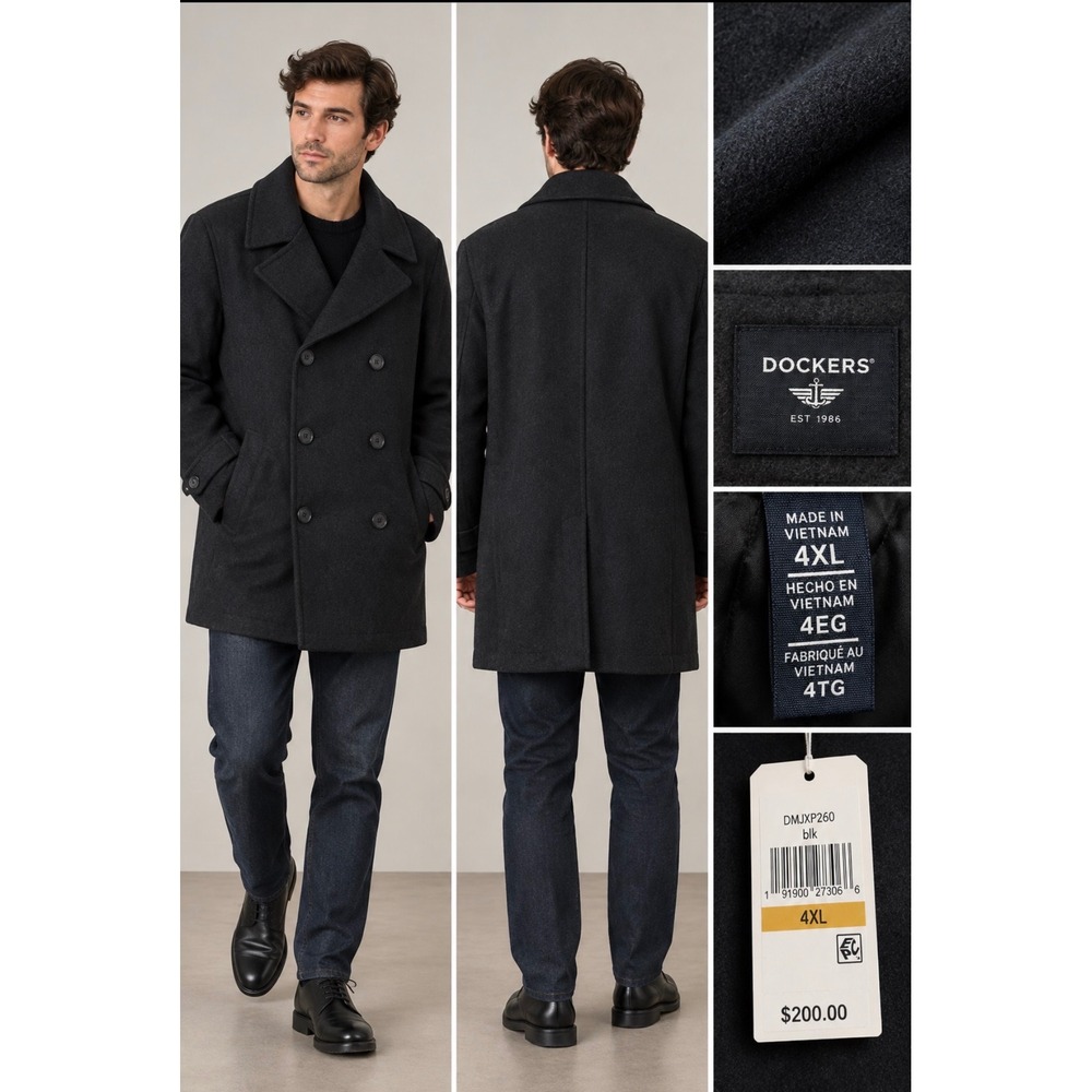 Dockers Mens Black Wool Blend Peacoat Double Breasted Jacket DMJXP260 4XL NWT
